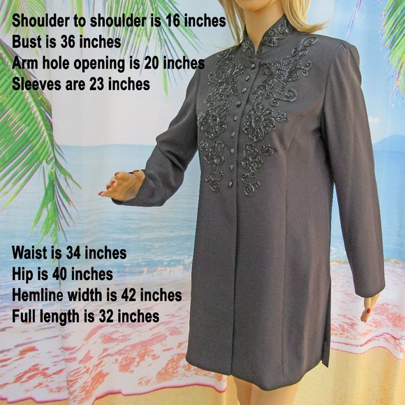 Liz Claiborne Night tunic length beaded top blazer, 36 bust, Polyester, Lined - Picture 1 of 14